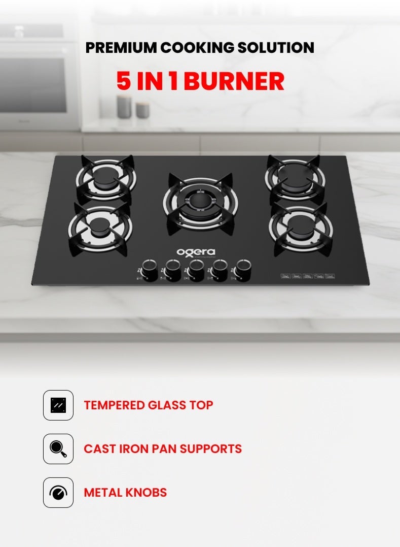 أوجيرا موقد غاز مدمج 5 في 1 مع شعلة حلقة ثلاثية، سطح زجاج مقوّى، متوافق مع غاز LPG، دعامات أواني من الحديد الزهر، مقابض معدنية | ضمان لمدة سنتين - Image 1